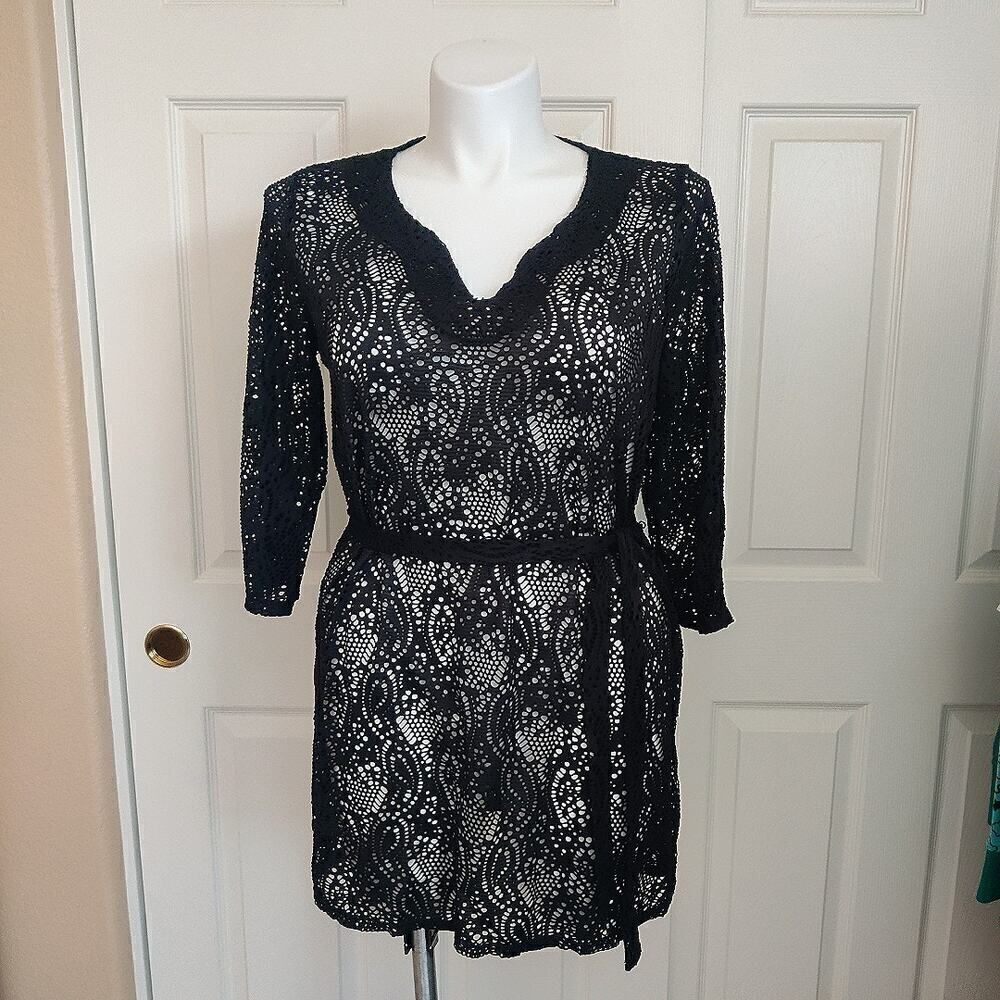 Merona belted sheer black lace swim coverup sz L